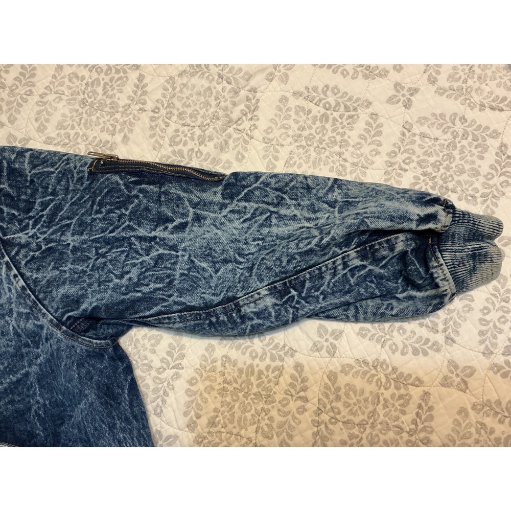 VTG Chemin de Fer Womens S Acid Wash Denim Bomber Jacket Zipper Pockets Ribbed - Picture 7 of 8